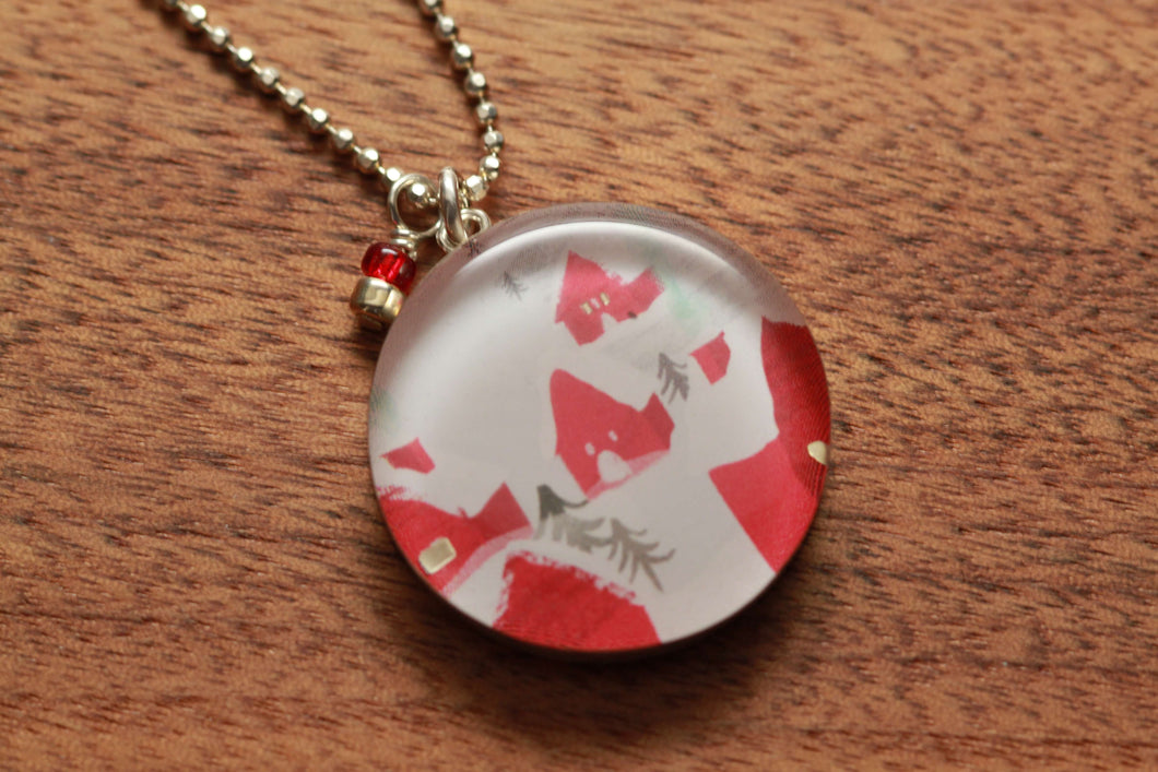 Little Red House necklace made from recycled Starbucks gift cards, sterling silver and resin