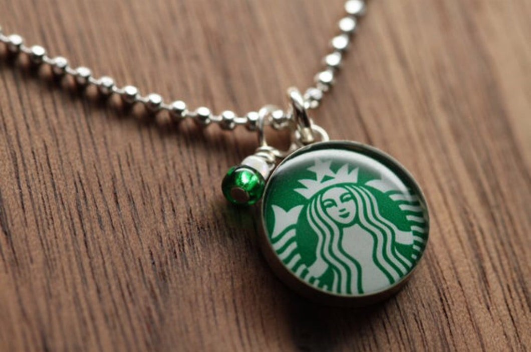 Starbucks Siren logo necklace made from recycled Starbucks gift cards, sterling silver and resin