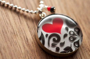 Red heart and paisley Necklace made from recycled Starbucks gift cards, sterling silver and resin