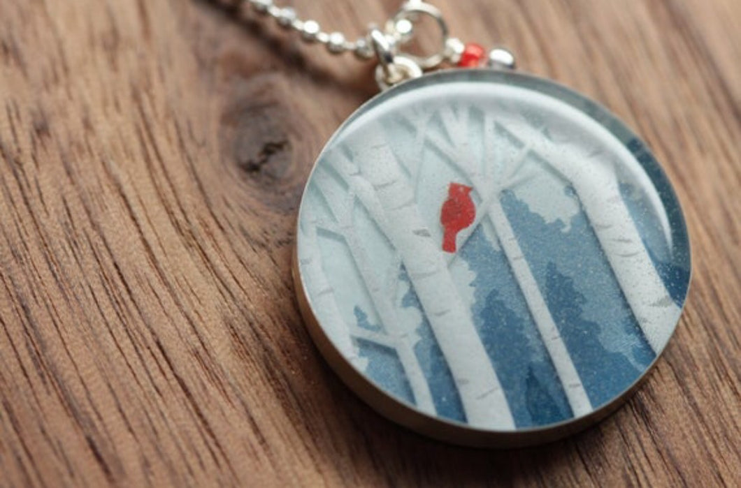 little Red Bird necklace made from recycled Starbucks gift cards, sterling silver and resin