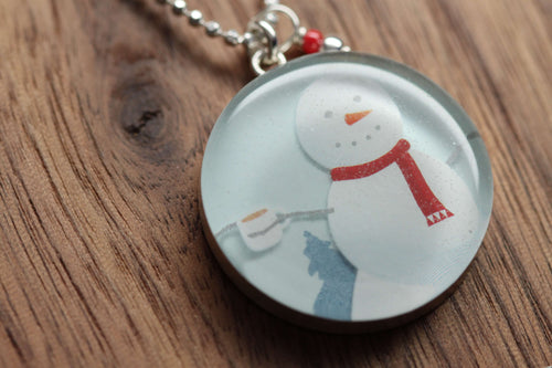 Snowman necklace made from recycled Starbucks gift cards, sterling silver and resin