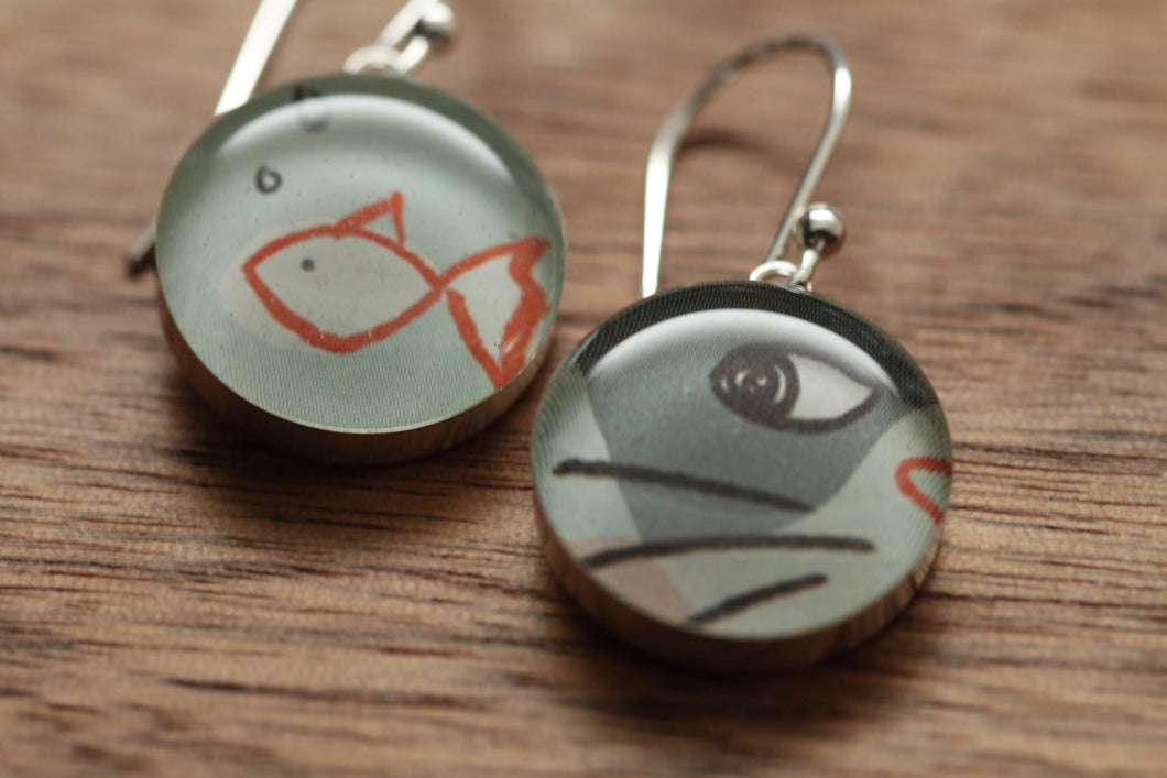 whimsical cat and goldfish earrings made from recycled Starbucks gift cards, sterling silver and resin