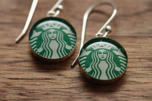 Starbucks siren logo earrings with sterling silver and resin. Made from recycled, upcycled gift cards