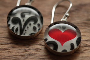 Red Heart and paisley earrings with sterling silver. Made from recycled, upcycled Starbucks gift cards