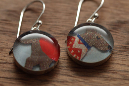 Winter Dog with darling red sweater earrings made from recycled Starbucks gift cards, sterling silver and resin