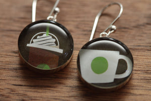 Starbucks cups earrings made from recycled Starbucks gift cards, sterling silver and resin