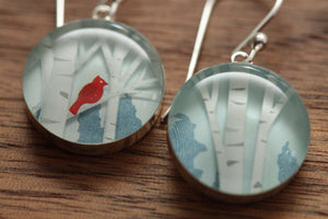 Little red bird cardinal earrings made from recycled Starbucks gift cards, sterling silver and resin