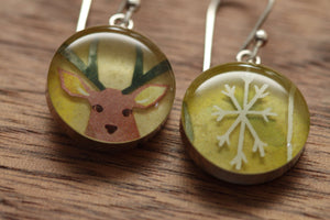 Reindeer and snow flake earrings made from recycled Starbucks gift cards, sterling silver and resin