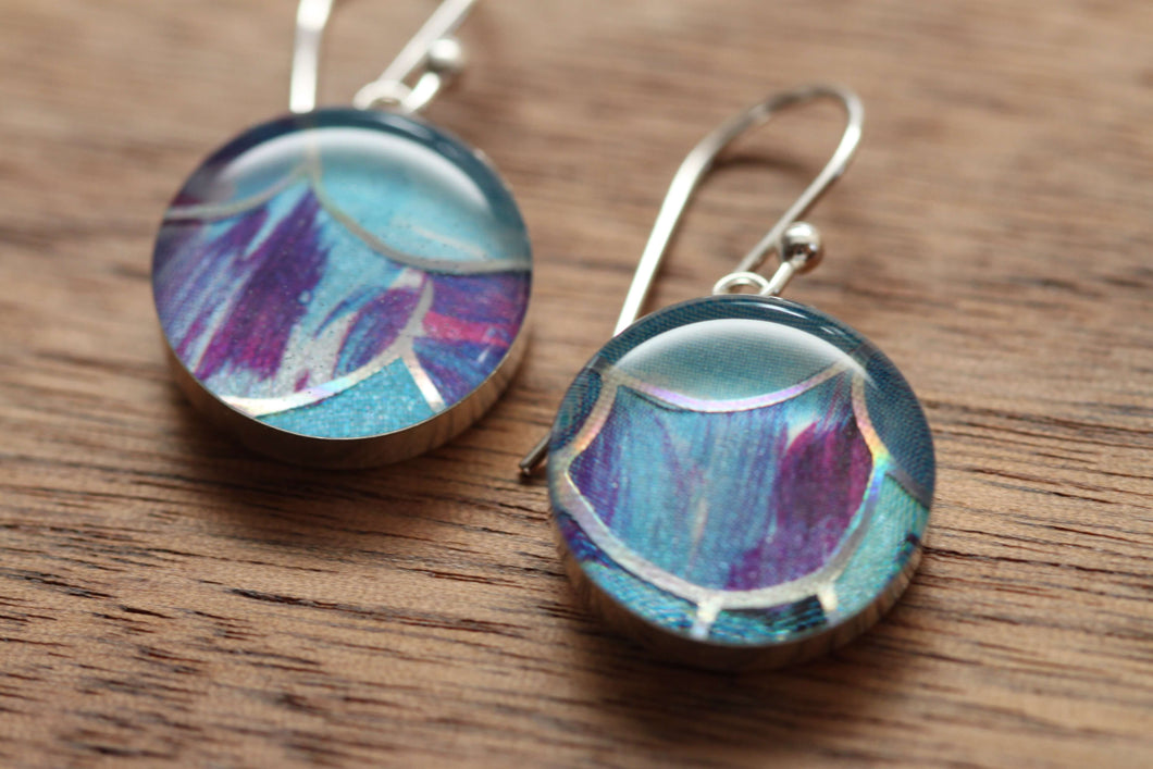 Mermaid tail scales earrings made from recycled Starbucks gift cards, sterling silver and resin