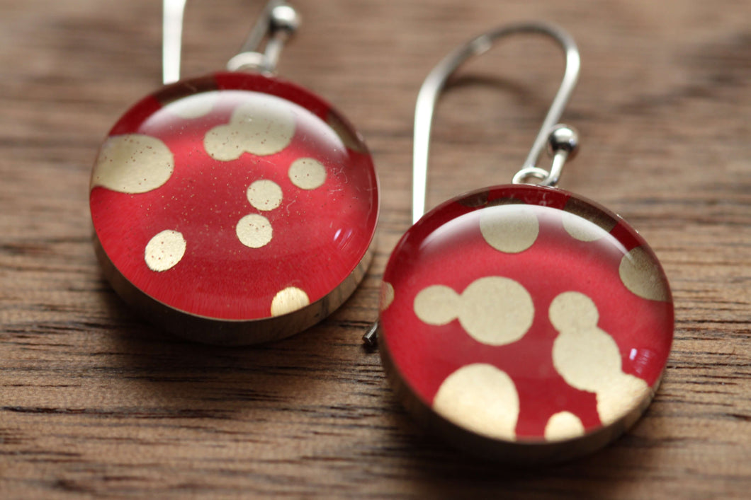 Red and Gold polka dot earrings made from recycled Starbucks gift cards, sterling silver and resin