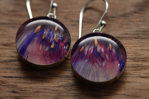 Pretty purple petal earrings made from recycled Starbucks gift cards, sterling silver and resin