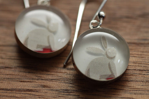 White rabbit earrings with sterling silver and resin. Made from recycled, upcycled gift cards