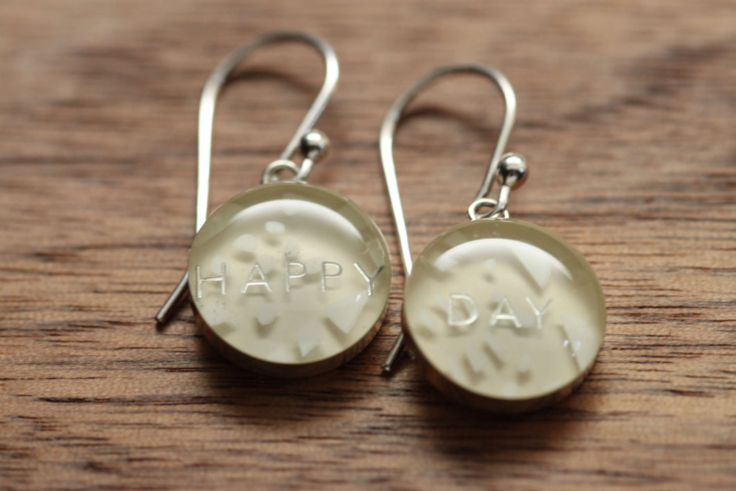 Oh Happy Day earrings made from recycled Starbucks gift cards, sterling silver and resin