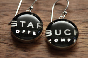 Starbucks earrings made from recycled Starbucks gift cards, sterling silver and resin