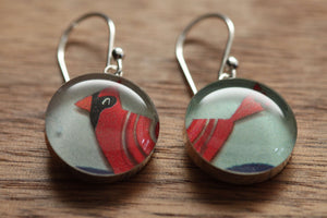 Red Cardinal earrings made from recycled Starbucks gift cards. sterling silver and resin