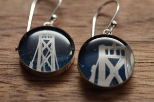 San Francisco Bay Bridge earrings made from recycled Starbucks gift cards, sterling silver and resin