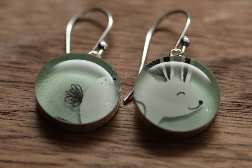 Bunny Rabbit earrings made from recycled Starbucks gift cards, sterling silver and resin