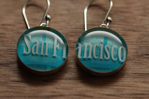 San Francisco earrings made from recycled Starbucks gift cards, sterling silver and resin