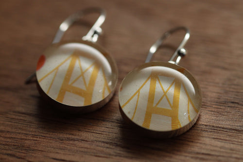 Golden Gate Bridge earrings made from recycled Starbucks gift cards, sterling silver and resin
