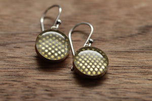 Golden polka dots earrings made from recycled Starbucks gift cards. sterling silver and resin