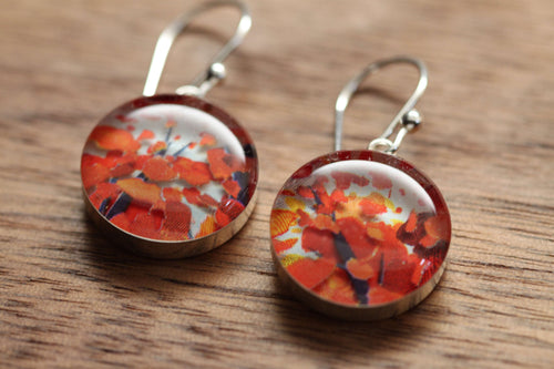 Fall leaves and October Dreams earrings made from recycled Starbucks gift cards. sterling silver and resin