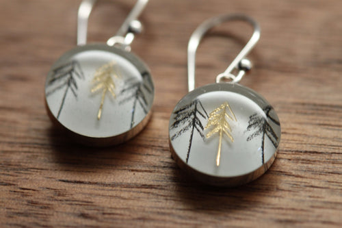 Golden tree earrings made from recycled Starbucks gift cards, sterling silver and resin