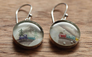 Winter train earrings made from recycled Starbucks gift cards, sterling silver and resin