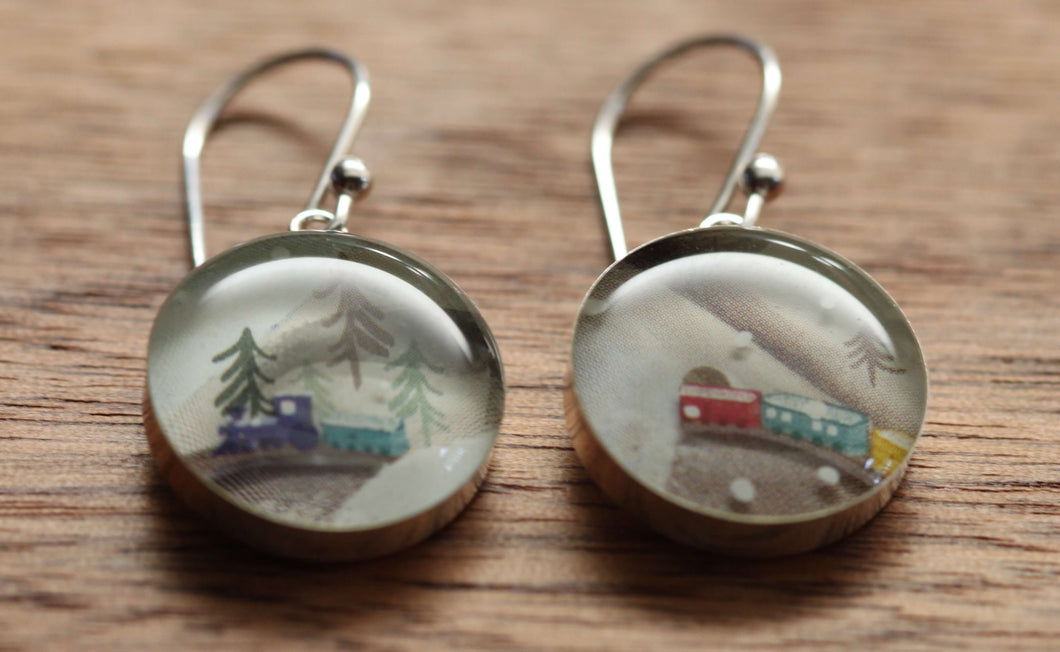 Winter train earrings made from recycled Starbucks gift cards, sterling silver and resin