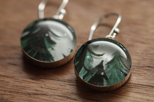 Winter trees earrings made from recycled Starbucks gift cards, sterling silver and resin