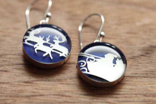 Santa sleigh earrings made from recycled Starbucks gift cards, sterling silver and resin