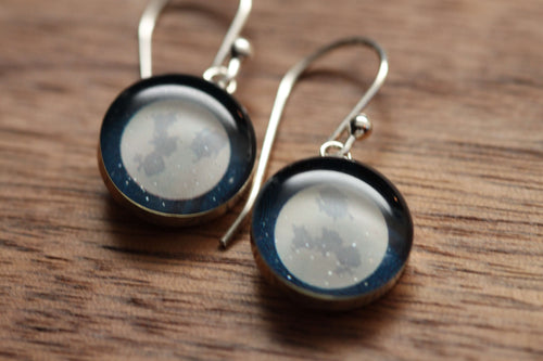 Full moon earrings made from recycled Starbucks gift cards, sterling silver and resin
