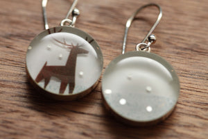 Reindeer in the snow earrings made from recycled Starbucks gift cards, sterling silver and resin