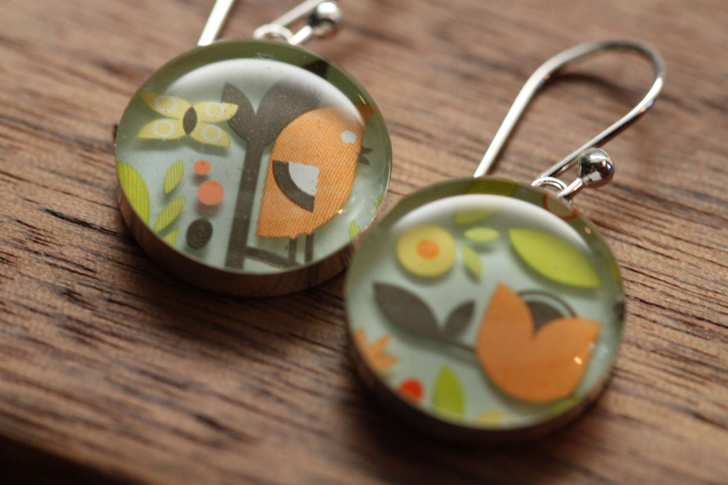 Bird, butterfly and flower earrings made from recycled Starbucks gift cards, sterling silver and resin