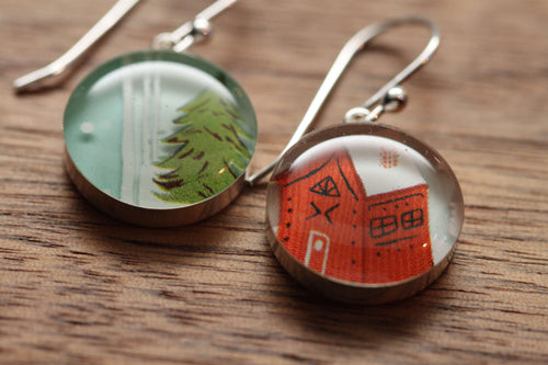 Holiday cabin earrings made from recycled Starbucks gift cards, sterling silver and resin