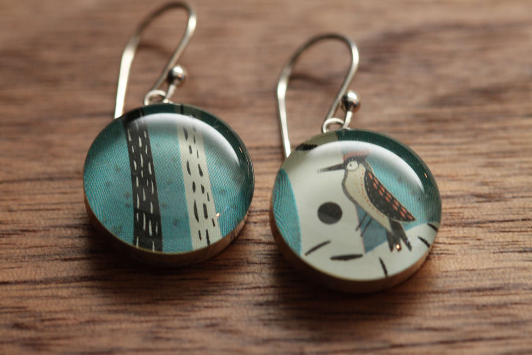 Woodpecker earrings made from recycled Starbucks gift cards, sterling silver and resin