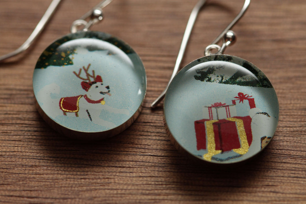 Reindeer Dog with holiday packages earrings made from recycled Starbucks gift cards, sterling silver and resin