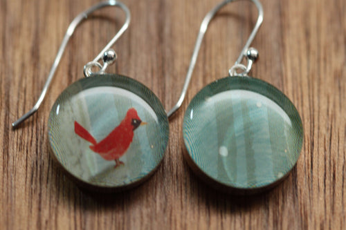 Red bird cardinal earrings made from recycled Starbucks gift cards, sterling silver and resin