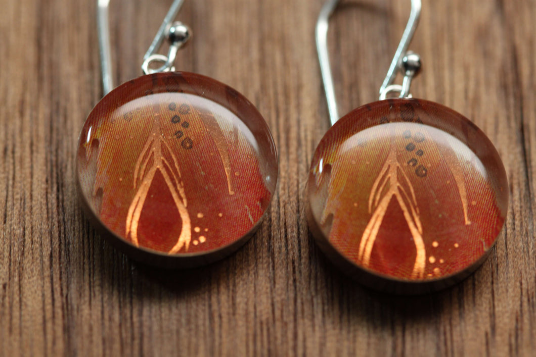 orange Feather earrings made from recycled Starbucks gift cards, sterling silver and resin