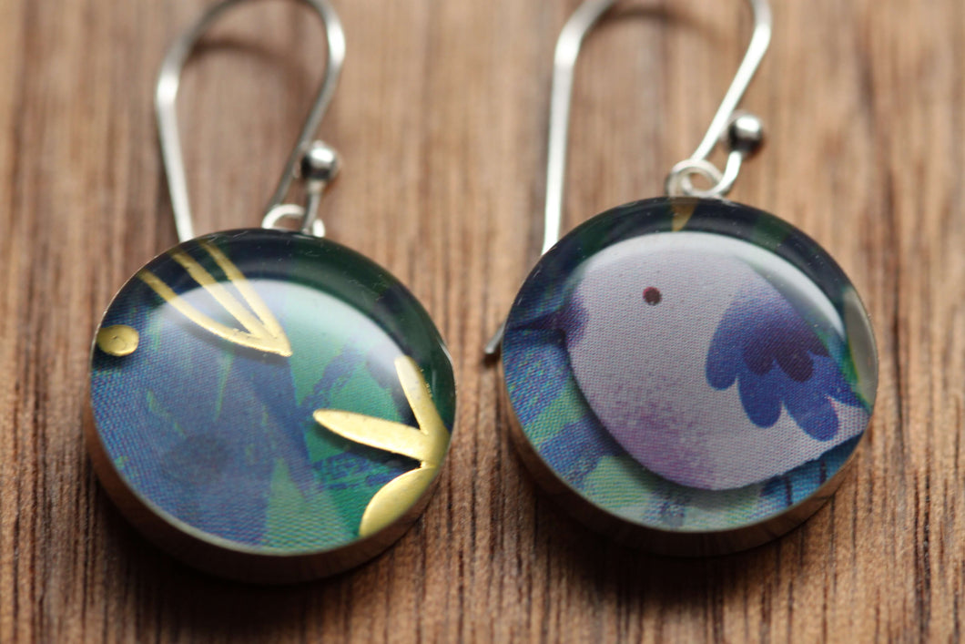 Jungle Little bluebird mismatched earringsmade from recycled Starbucks gift cards, sterling silver and resin