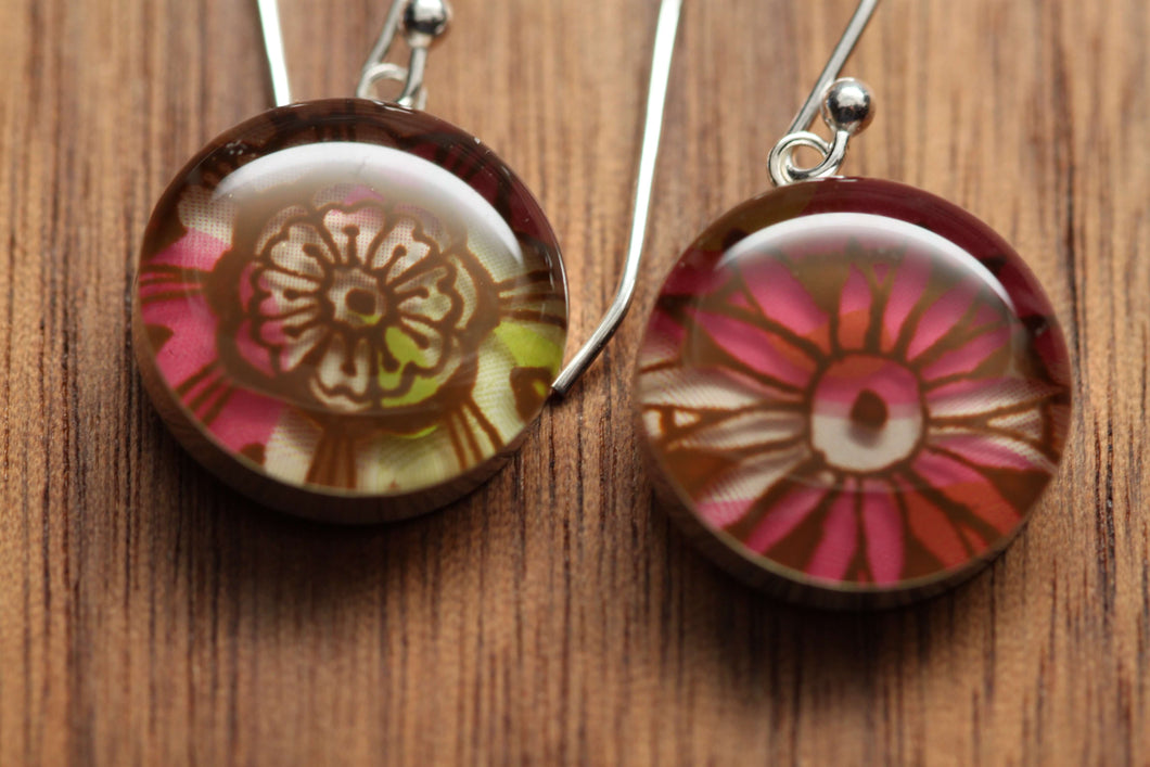 Flower earrings made from recycled Starbucks gift cards, sterling silver and resin