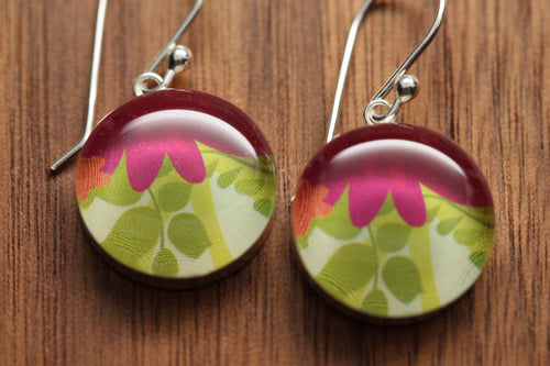 Springtime bouquet earrings made from recycled Starbucks gift cards, sterling silver and resin