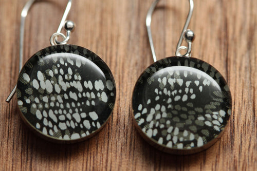 Black and White earrings made from recycled Starbucks gift cards, sterling silver and resin