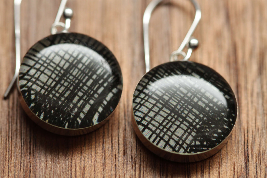 Black and White stripe earrings made from recycled Starbucks gift cards, sterling silver and resin