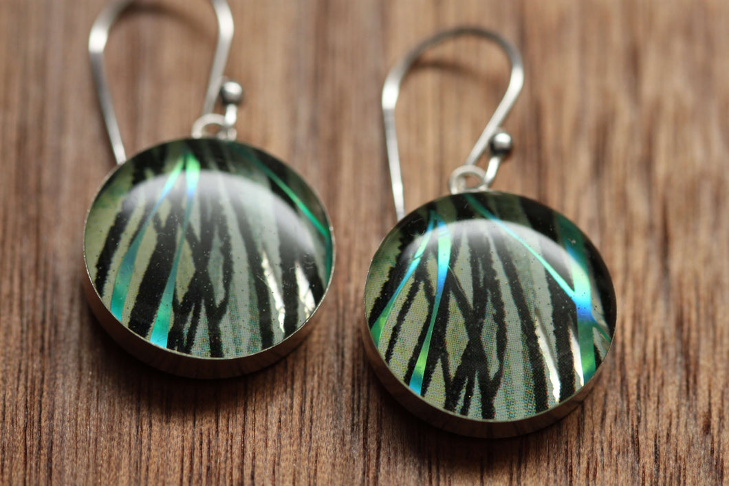 Sparkly Blue Feather earrings made from recycled Starbucks gift cards, sterling silver and resin