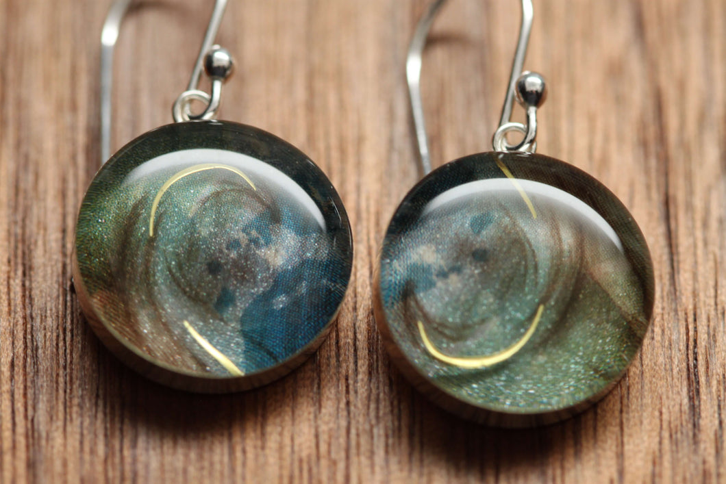 Galaxy earrings with sterling silver and resin. Made from recycled, upcycled Starbucks gift cards