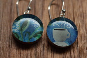 Coffee Cup earrings with sterling silver and resin. Made from recycled, upcycled Starbucks gift cards