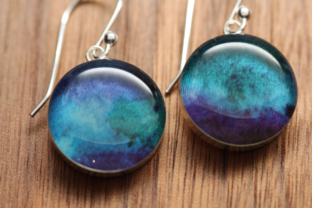 Celestial earrings with sterling silver and resin. Made from recycled, upcycled Starbucks gift cards