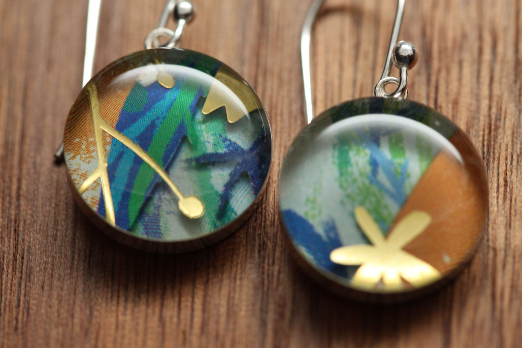 Jungle flower earrings made from recycled Starbucks gift cards, sterling silver and resin