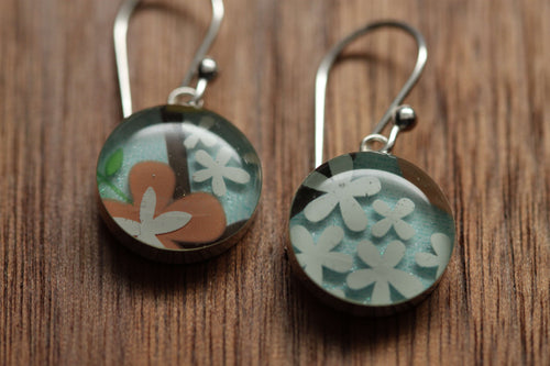 Spring bouquet earrings made from recycled Starbucks gift cards, sterling silver and resin