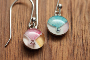 Tiny balloon earrings made from recycled Starbucks gift cards, sterling silver and resin